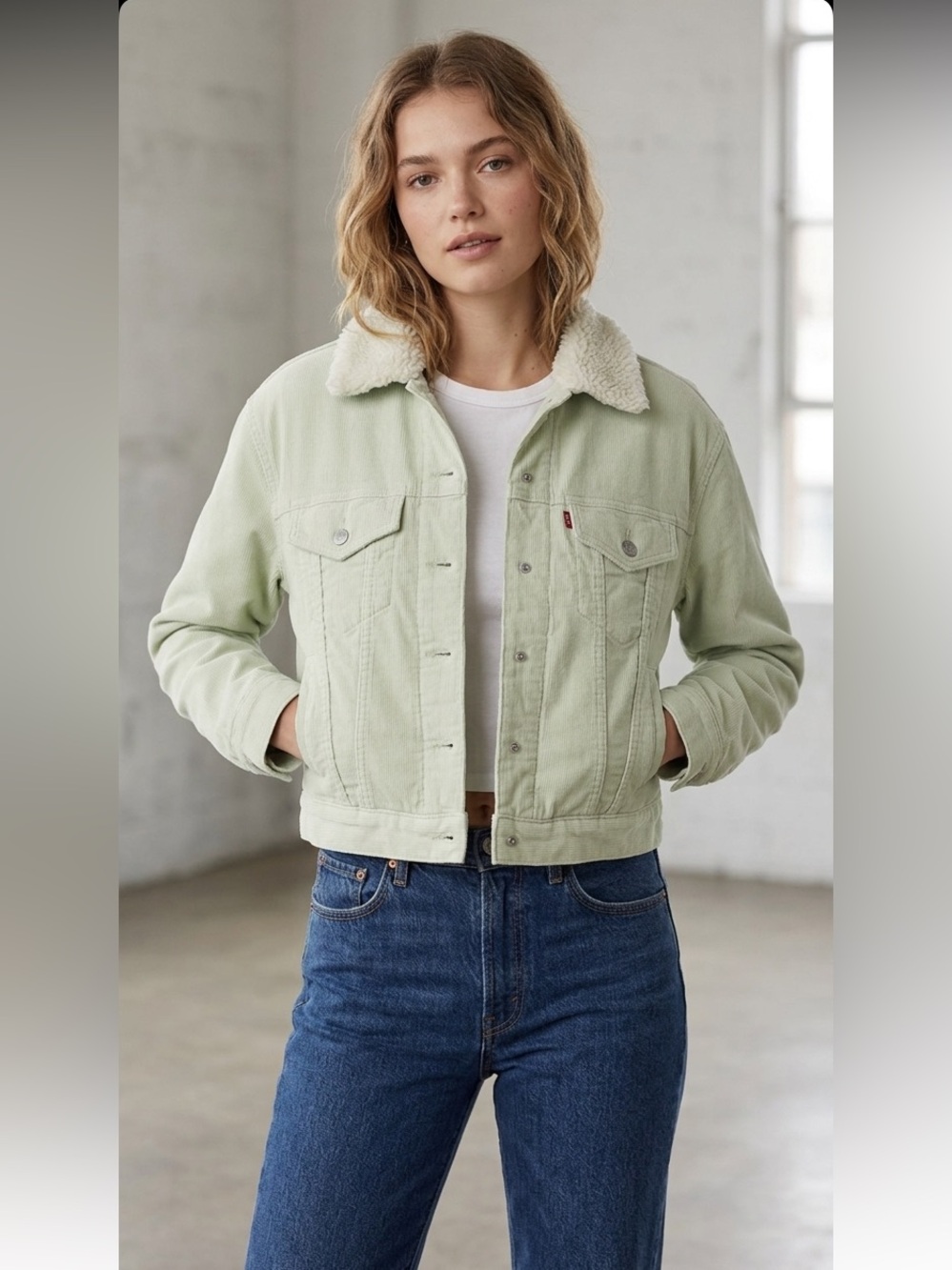 NWT Levi’s Corduroy Baby Cropped Trucker Jacket XSmall Pistachio Green Pockets - Picture 1 of 9